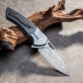 Lida | Damascus Folding Knife | Black Carbon Fiber Handle